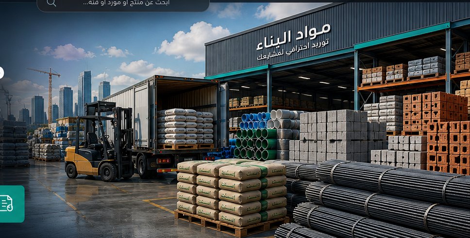 مستودع مواد بناء — أسمنت وحديد وبلوك وأنابيب
